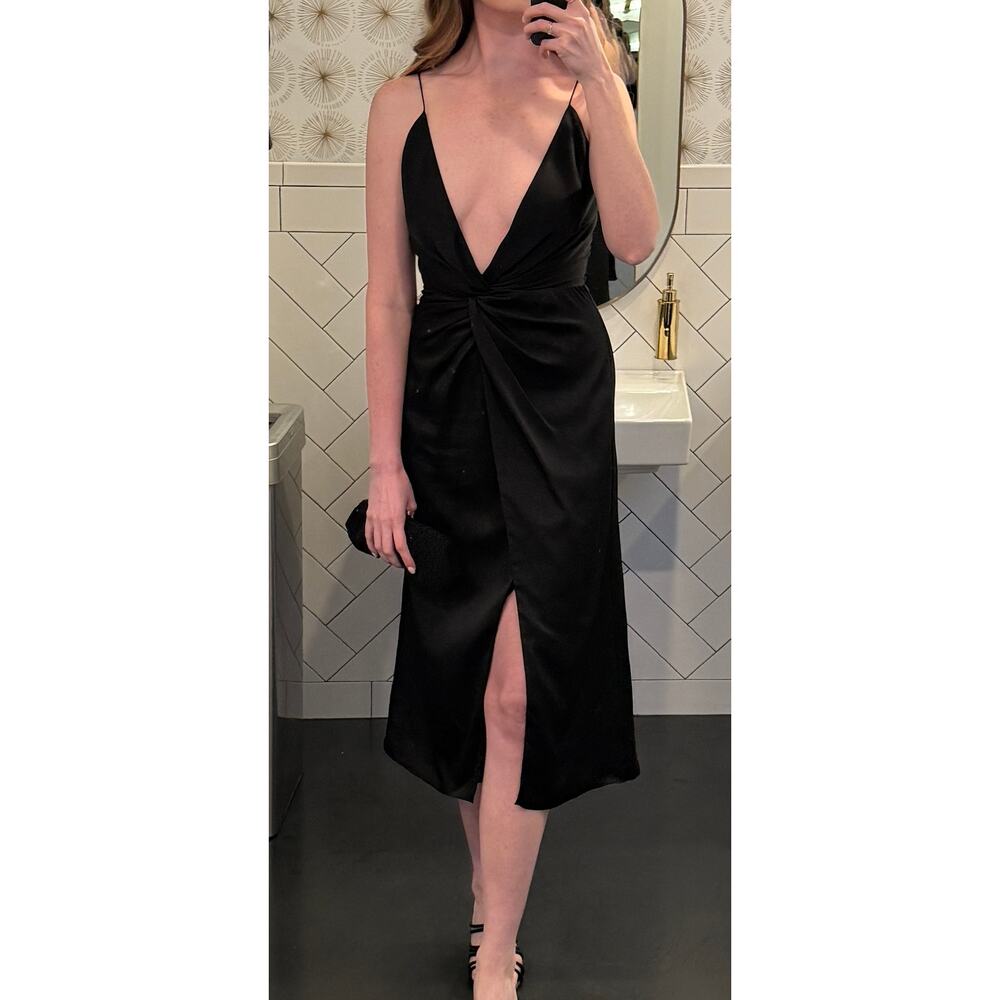 Keepsake Small Black Satin Midi Dress Twist Knot V-Neck Spaghetti Strap